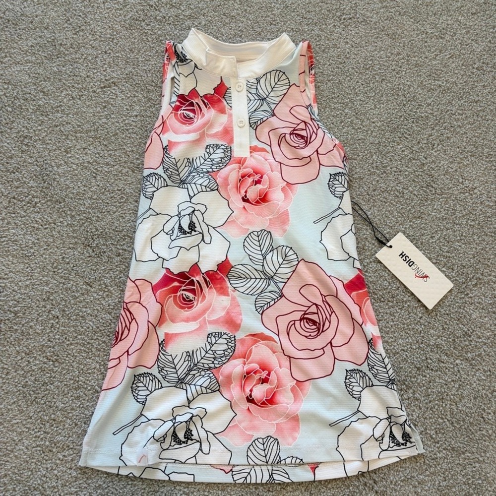 Swing Dish Golf‎ Polo Tank Womens XS Red Roses Sleeveless UPF Tennis Pickleball